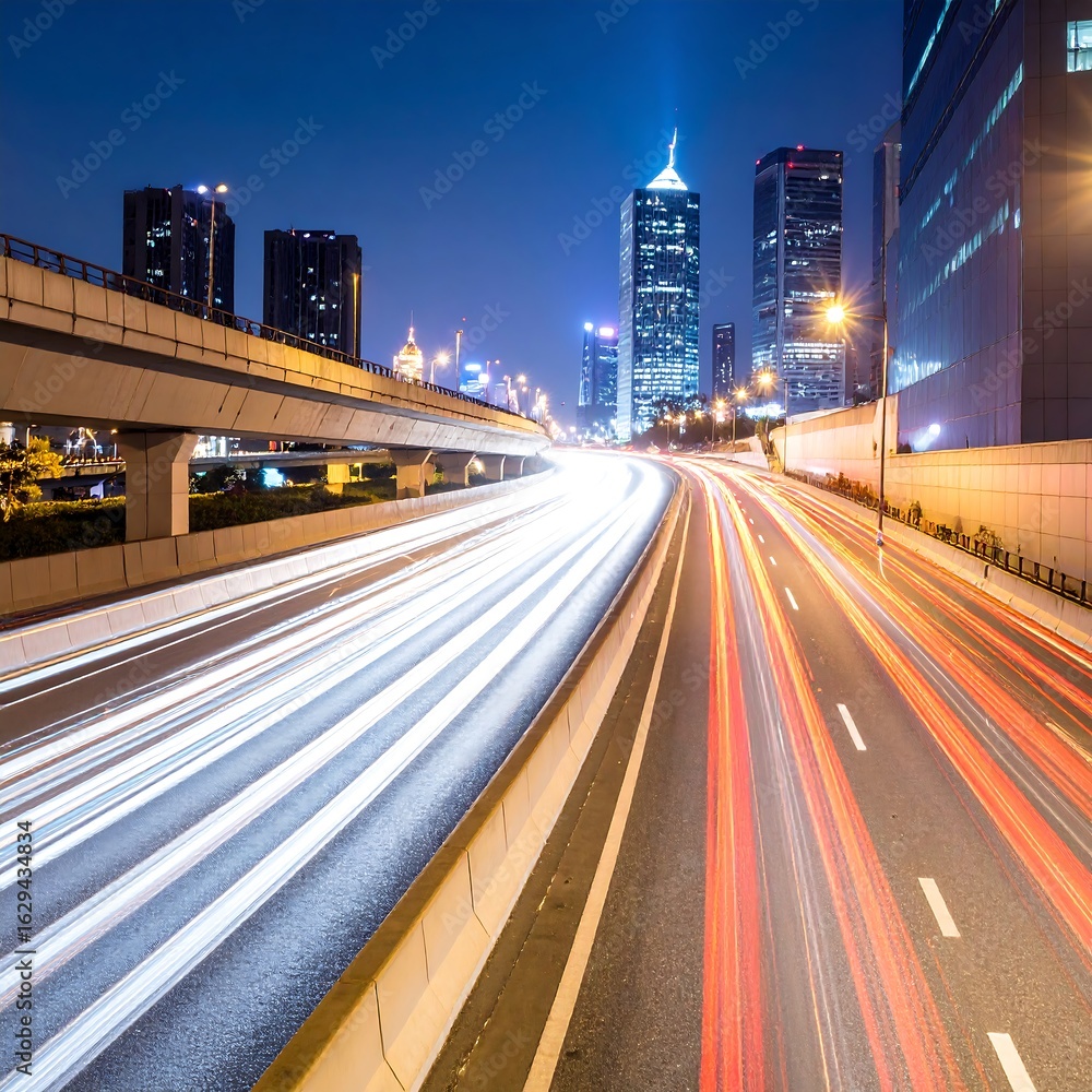 Fototapeta premium Night cityscape with light trails on a highway