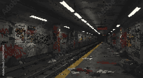 Abandoned Subway Station with Graffiti and Debris