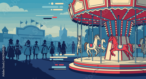A stylized illustration of a classic red and white carousel at a fairground with silhouetted people nearby.