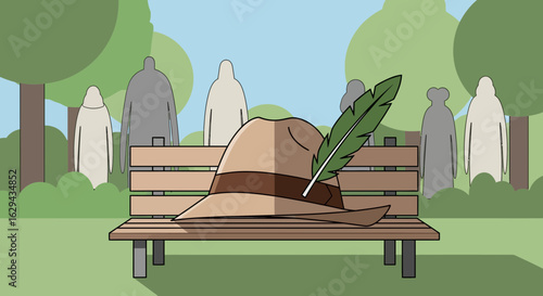 A lone feathered hat sits forgotten on a park bench as spectral figures stand behind.