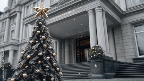 Close-up of Christmas Tree with Gold and Silver Ornaments at Luxury Hotel Entrance, Dark Background, Dramatic Atmosphere
