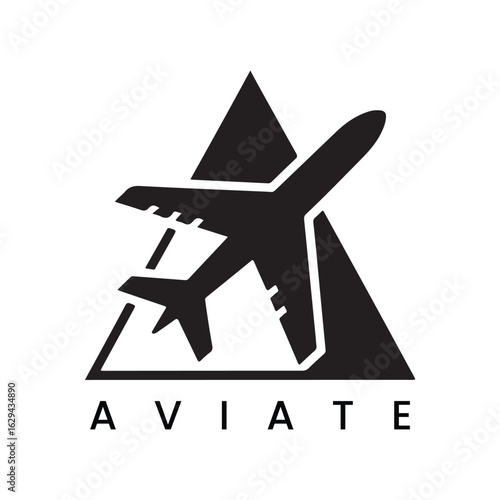 A black airplane silhouette within a triangle above the word aviate