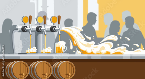 Illustration depicts beer being poured from taps into a glass, with patrons in the background.