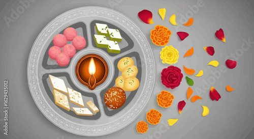 An illustration of a festive Indian thali with a lit diya, assorted sweets, and colorful flower petals.