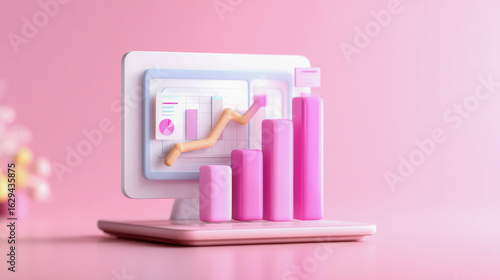 A modern computer display shows pink graphs and bar charts, indicating growth and analysis in a sleek, minimalist design.