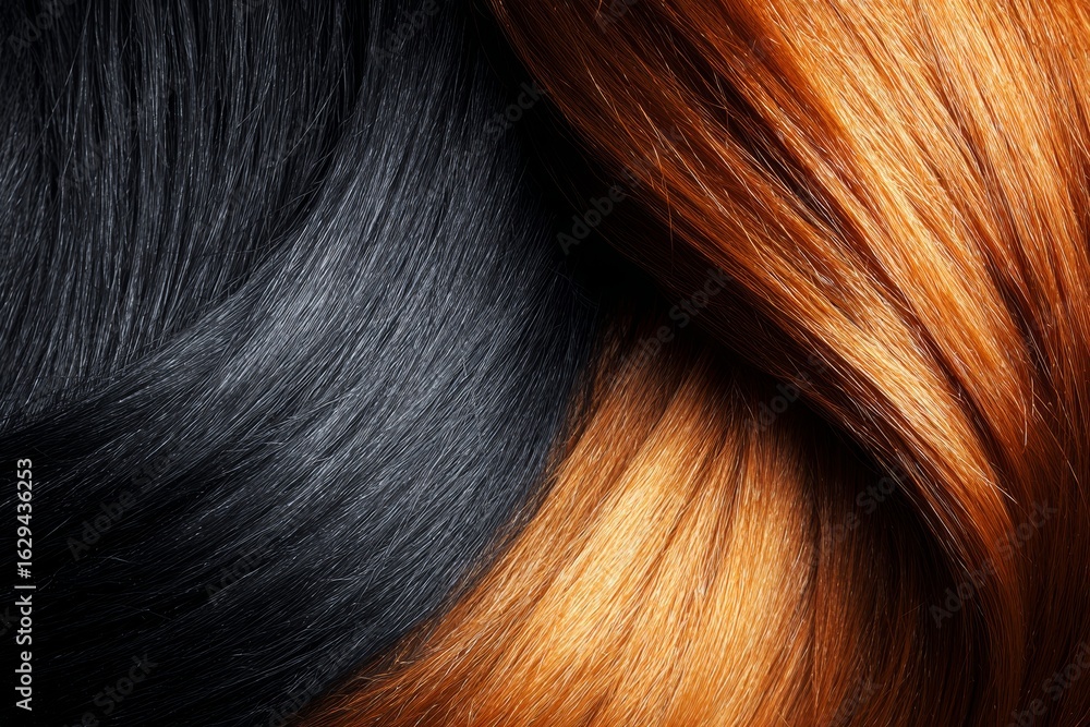 A close-up shot highlights the contrasting black and brown hair textures, with smooth strands standing out against a soft focus background that showcases different hair colors and styling techniques A close-up shot highlights the contrasting black and brown hair textures, with smooth strands standing out against a soft focus background that showcases different hair colors and styling techniques