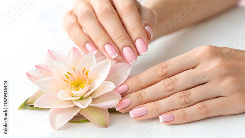 French manicure nail art design ideas for short nails with pink color and flower decoration close up shot