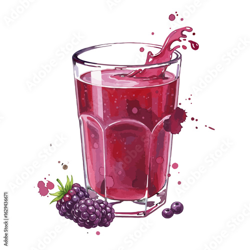 Fresh blackberry juice illustration with splash in a glass and berries on the side, watercolor style beverage art