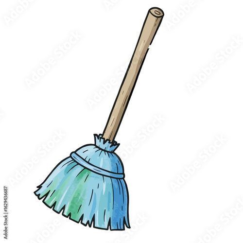 Cartoon style illustration of a broom with a wooden handle and blue bristles for cleaning purposes, isolated on white
