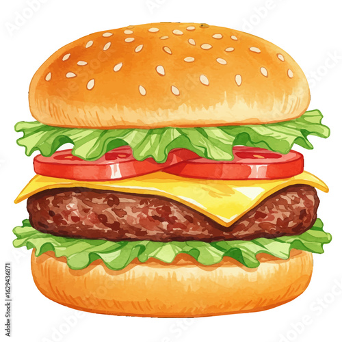 Delicious watercolor hamburger illustration with fresh lettuce, tomato and cheese on a sesame seed bun
