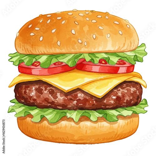 Delicious watercolor hamburger with sesame seeds, lettuce, tomato and cheese illustration for food lovers