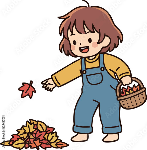 色とりどりの落ち葉を拾い集め秋の自然を楽しむ子どもの姿_秋のほっこりアニメイラスト
