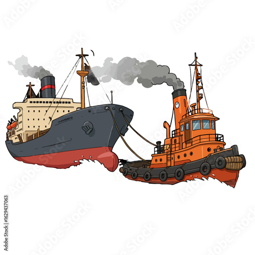 Cartoon illustration of a large cargo ship being guided by an orange tugboat with smoke billowing from stacks