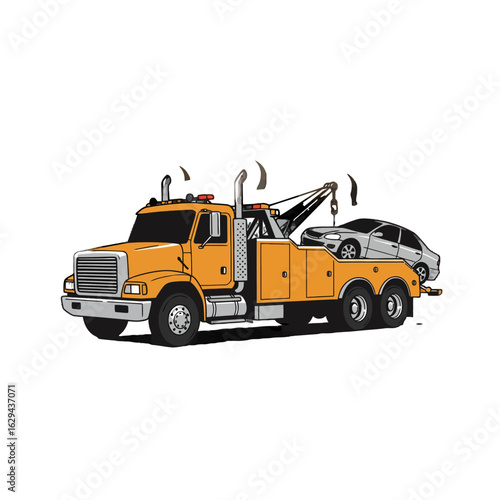 Orange tow truck carrying silver car illustration featuring transportation and vehicle recovery services in an emergency situation, vector format