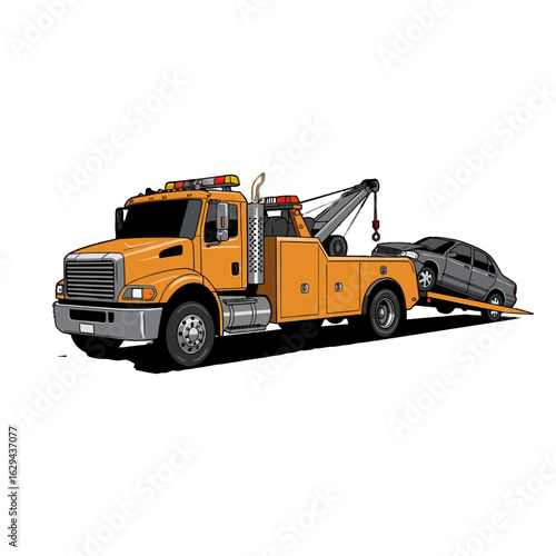 Tow truck transporting a salvaged car with its lifting mechanism on a flatbed platform for repair services and assistance