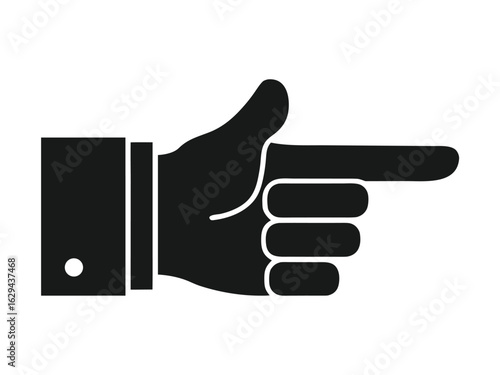 Black silhouette of a hand pointing right with a button detail on a white background finger direction.eps