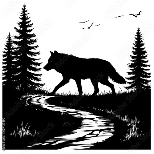 A wolf runs along a path through the forest, a simple black silhouette. Vector illustration. A predatory beast against the background of tall fir trees and thickets