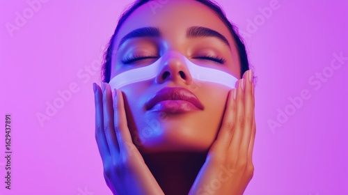 Woman applying skincare mask at home with vibrant lighting in the background during evening self-care routine