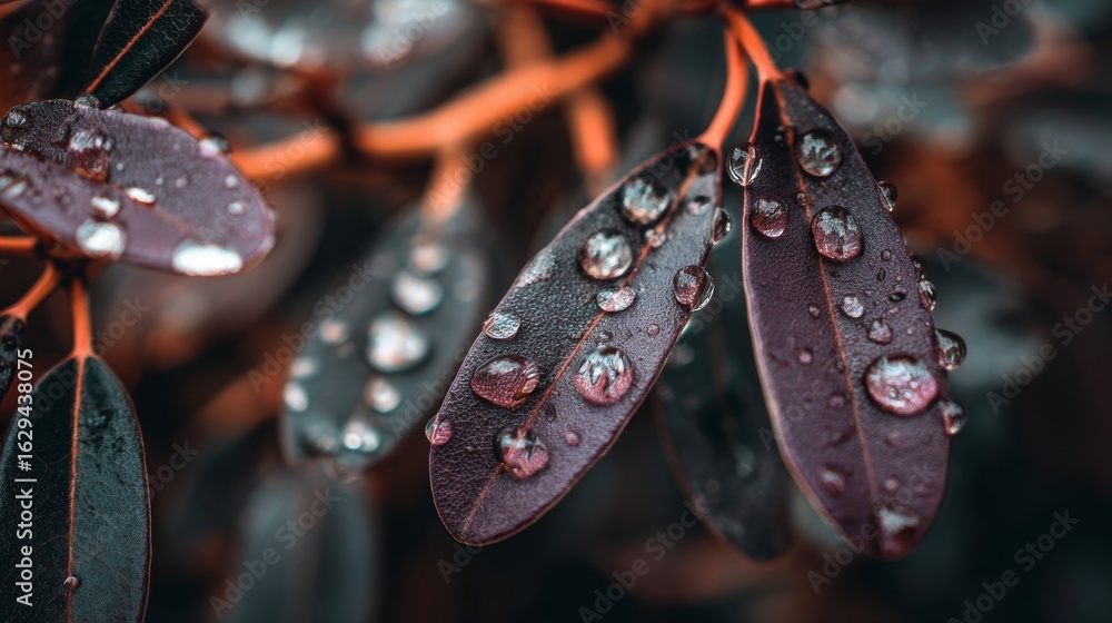 Fototapeta premium Crystal clear water droplets clinging to dark purple leaves create a captivating natural macro photography effect, distinguished by a vibrant bokeh background and a sprinkling of morning dew pearls