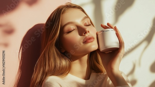 Young woman enjoys skincare routine with cream in warm sunlight while posing in a serene and cozy setting