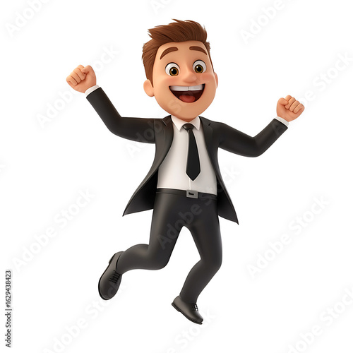 Animated Success: A 3D rendered businessman celebrates a significant accomplishment, beaming with joy and unbounded enthusiasm. Capturing the essence of triumphant success, motivation.