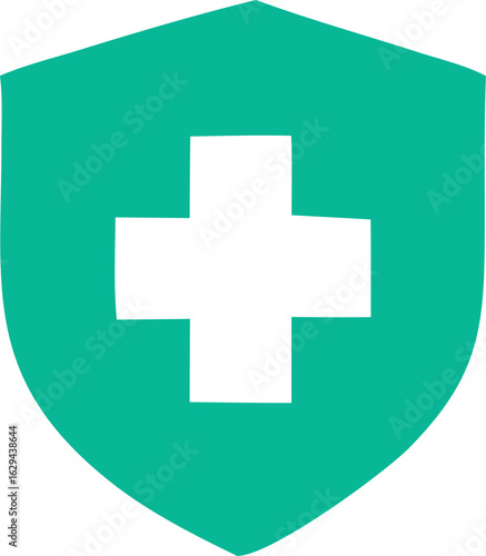 A simple modern graphic icon featuring a white plus symbol centered within a teal green shield shape representing healthcare or safety