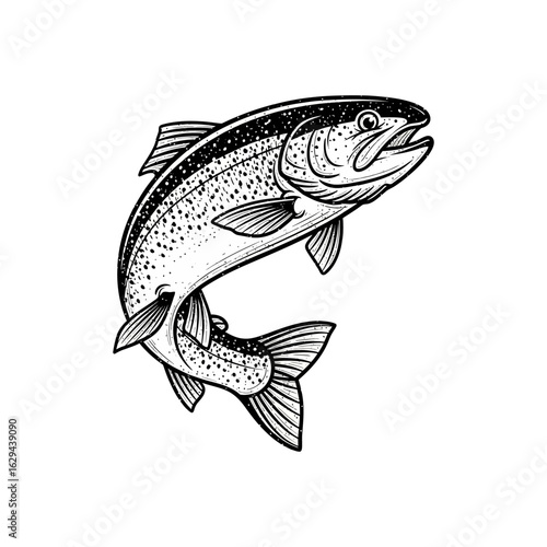 Rainbow trout fish jumping. Vintage black and white vector for fishing logo.