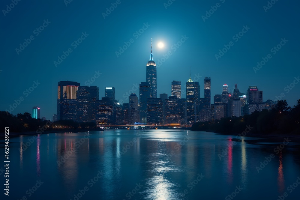 Obraz premium A city skyline reflecting in a river under moonlight. 