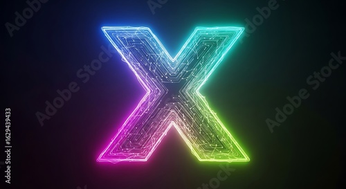 A glowing letter x with colorful neon lights and an intricate circuit board design