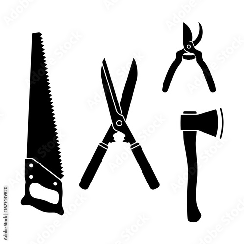 Black silhouette illustration of various gardening and woodworking tools, isolated.