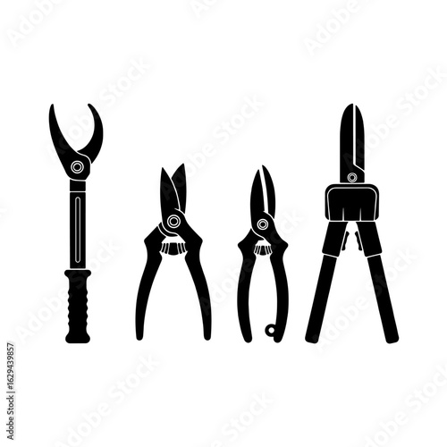 Four different types of gardening shears, depicted as black silhouettes against a white background.