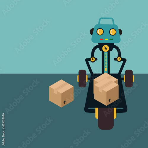 Vector illustration of a warehouse robot transporting, weighing cardboard packages, viewed from the front, symbolizing automation and smart logistics in an industrial setting.
