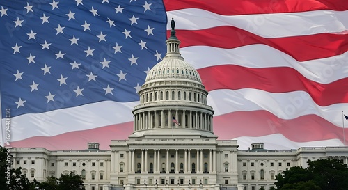 United States Capitol Building with a waving American flag in the background