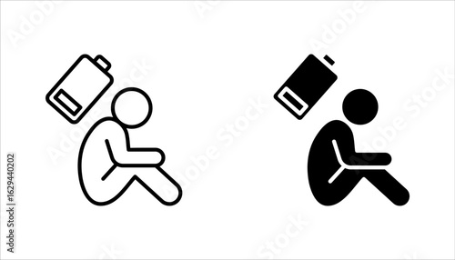 Tired person line icon set, lack battery energy, low charge, burnout workplace, stress icon vector illustration on white background