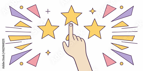 Vector art of hand pointing to a star to rate a service or product in a customer feedback survey with geometric shapes