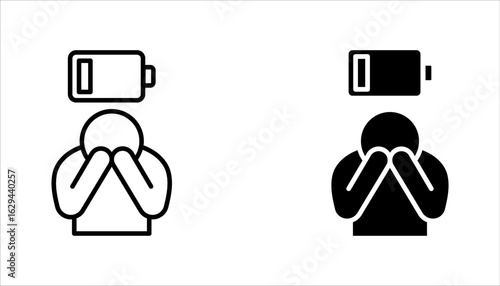 Tired person line icon set, lack battery energy, low charge, burnout workplace, stress icon vector illustration on white background