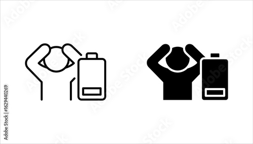 Tired person line icon set, lack battery energy, low charge, burnout workplace, stress icon vector illustration on white background