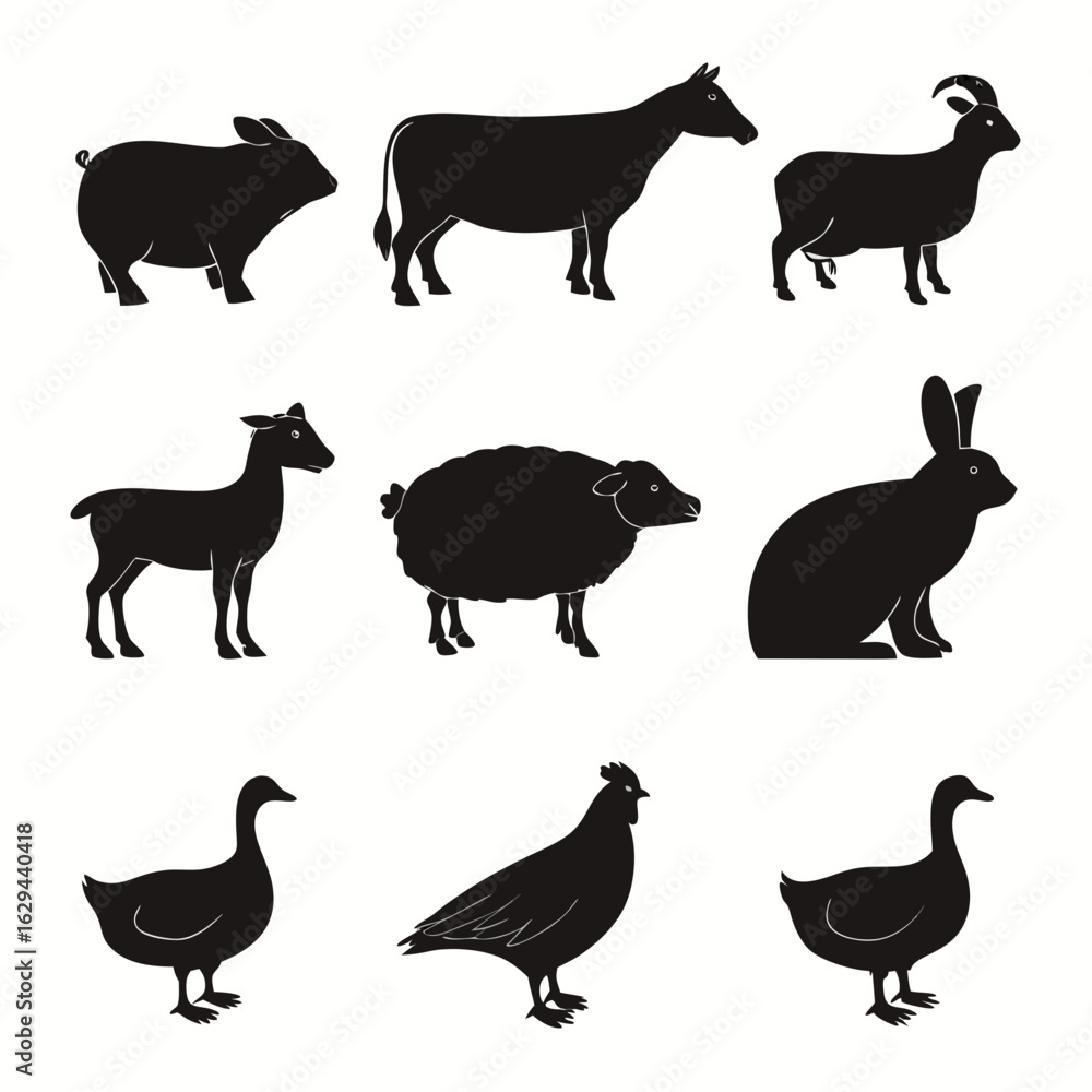 Obraz premium Vector art of silhouette collection of farm animals including a pig cow goat sheep rabbit goose chicken and duck in a vector illustration