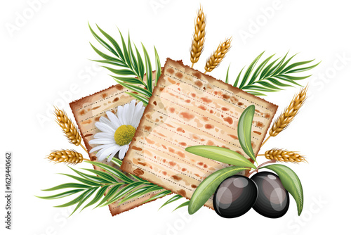 Postcard with matzah olive branch holiday Passover.eps