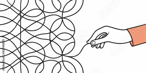 Vector art of hand delicately untangling a complex thread, representing problemsolving and finding clarity amidst chaos with a minimalist design and artistic touch