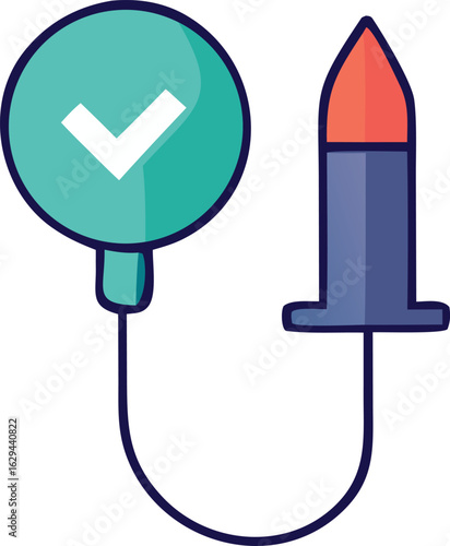 Medical illustration of a catheter with an inflated balloon and a checkmark symbol indicating successful procedure or approval