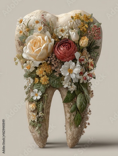 Anatomically Accurate Molar Tooth Adorned with Delicate Wildflowers: Unique Dental Art for Holistic Health, Natural Care, and Sustainable Dentistry Concepts on Beige Background
