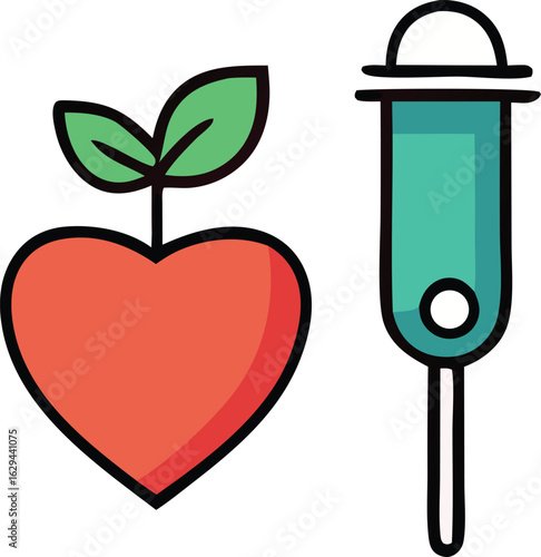 Symbolic representation of healthcare and life support featuring a heart with growing leaves and a medical infusion bag