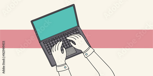 Illustration of hands typing on a laptop keyboard, showcasing remote work and digital communication in a modern design