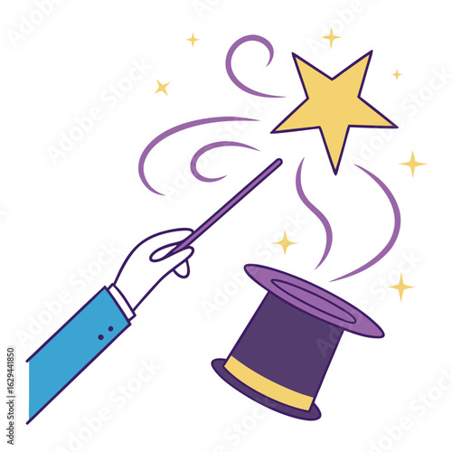 Vector art of a magicians hand holding a wand performing a magic trick with a hat and a star on a white background
