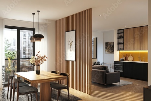 Bright Living Room Design with Wooden Table Chairs and Artistic Room Divider