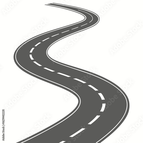 Vector art of winding road illustration with gray asphalt and white lane markings suggesting a path forward or journey ahead