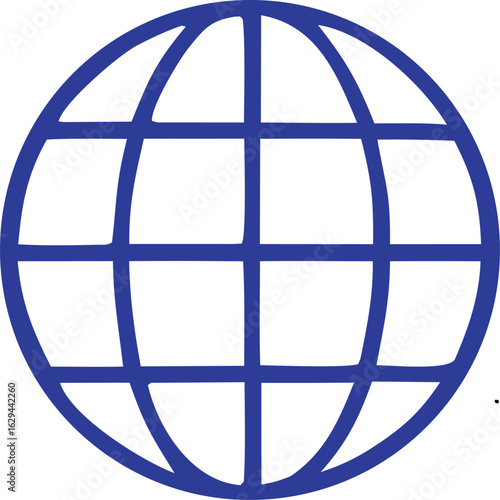 Simple blue stylized globe icon with a grid of longitude and latitude lines representing global connection and international communication