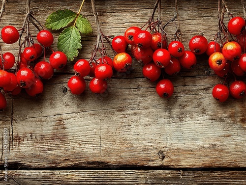 Rustic Wooden Background with Red Berry Garland on Edge for Festive Texture