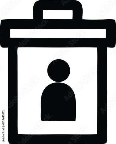 Simple black and white icon depicting a trash can with a silhouette of a person inside representing deletion or removal